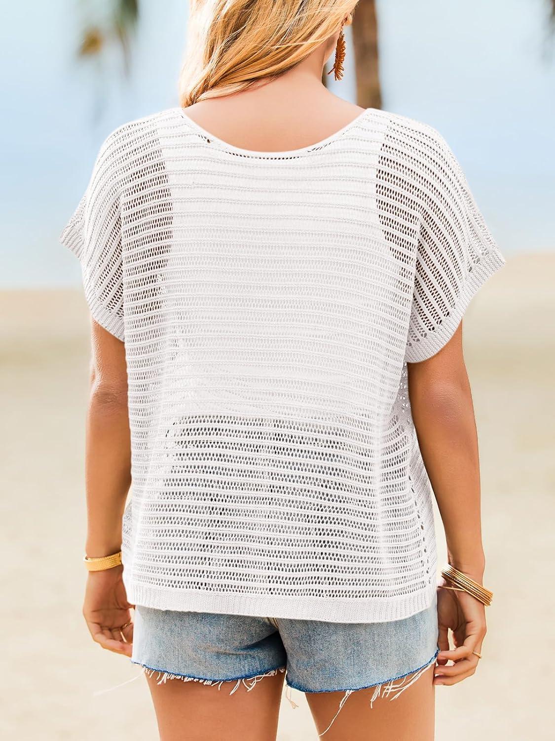 image:imageSaodimallsu Womens Crochet Tops Summer Batwing Short Sleeve Oversized Sweater Boat Neck Mesh Knit Beach Cover Up TopWhite