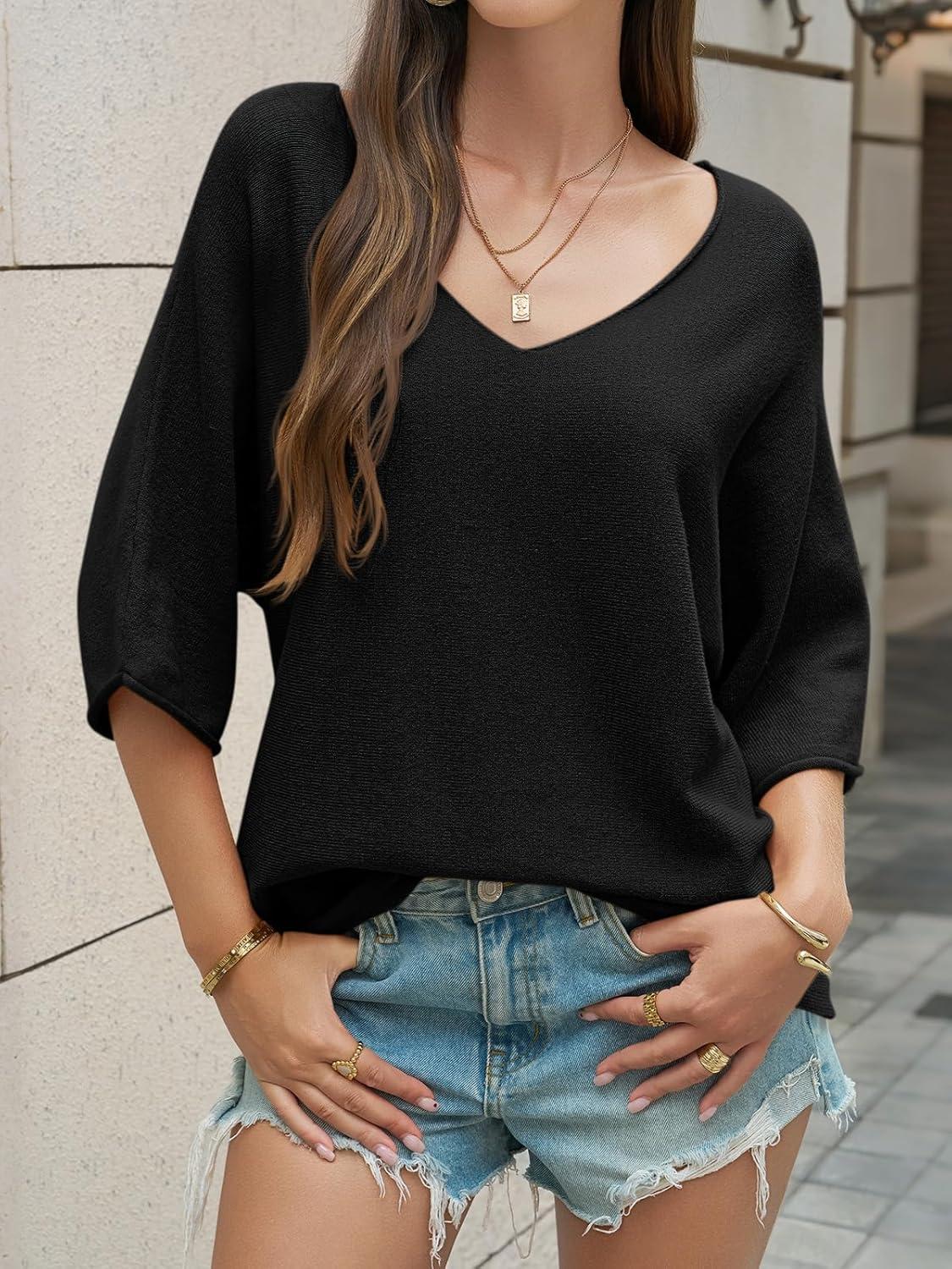 image:imageSaodimallsu Womens Oversized Summer Sweater Half Sleeve Batwing V Neck Dolman Sleeve Trendy Casual Knit TopsBlack
