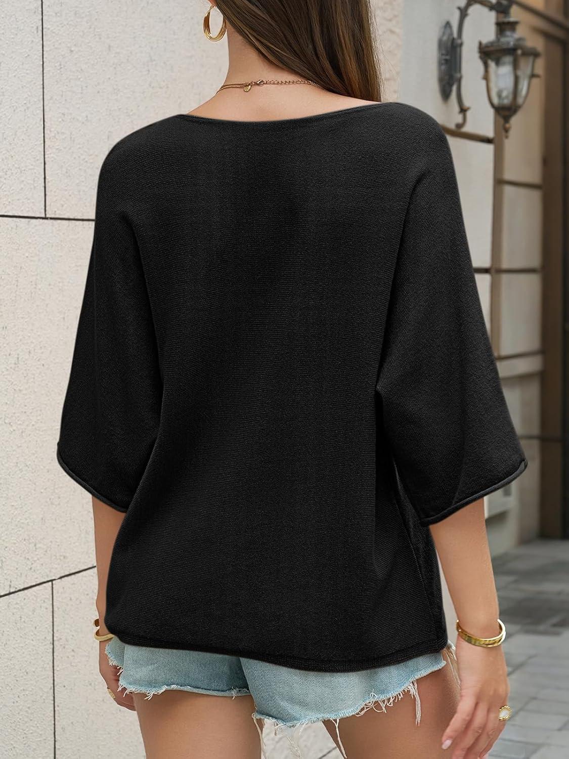 image:imageSaodimallsu Womens Oversized Summer Sweater Half Sleeve Batwing V Neck Dolman Sleeve Trendy Casual Knit TopsBlack