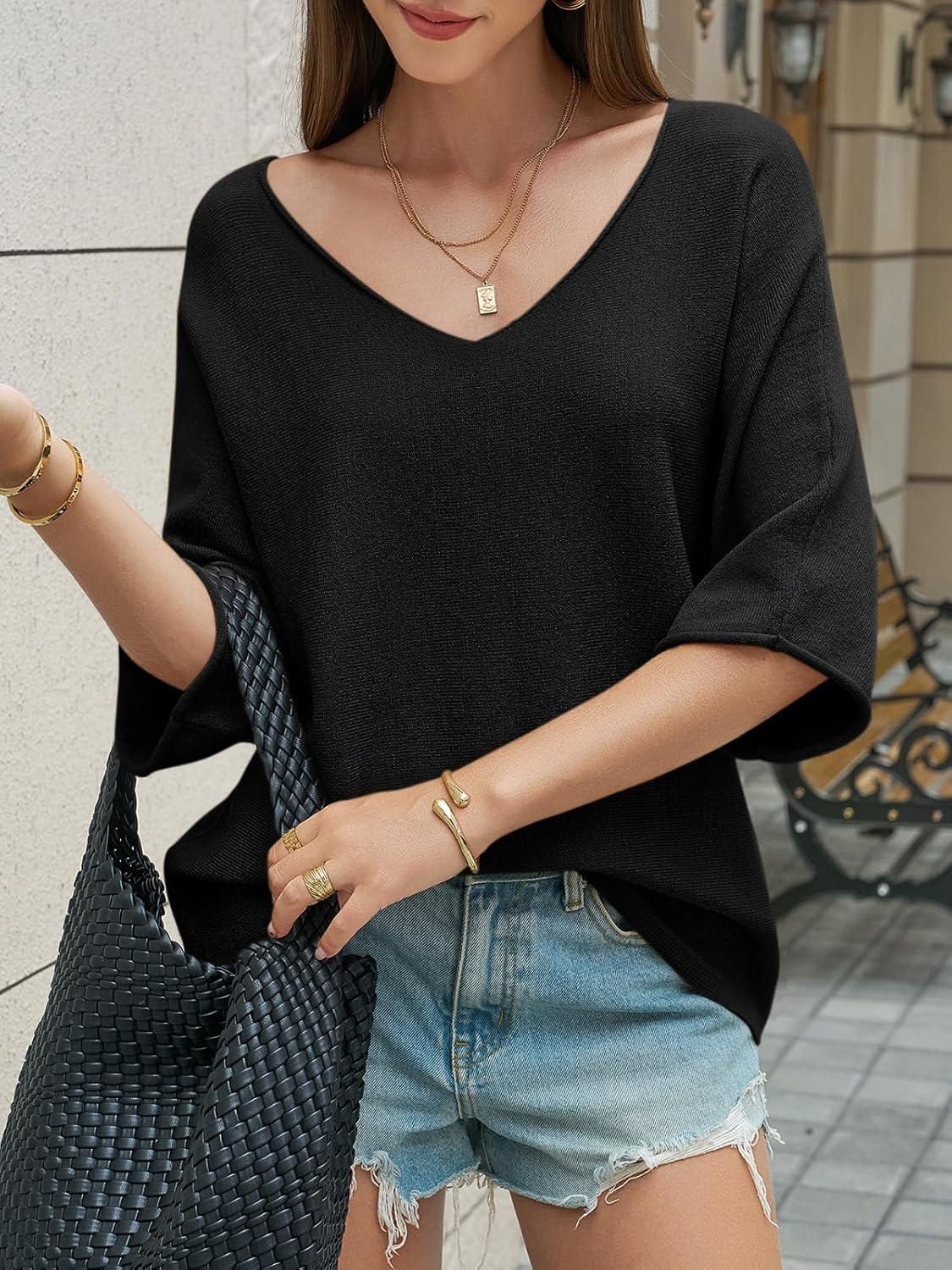 image:imageSaodimallsu Womens Oversized Summer Sweater Half Sleeve Batwing V Neck Dolman Sleeve Trendy Casual Knit TopsBlack