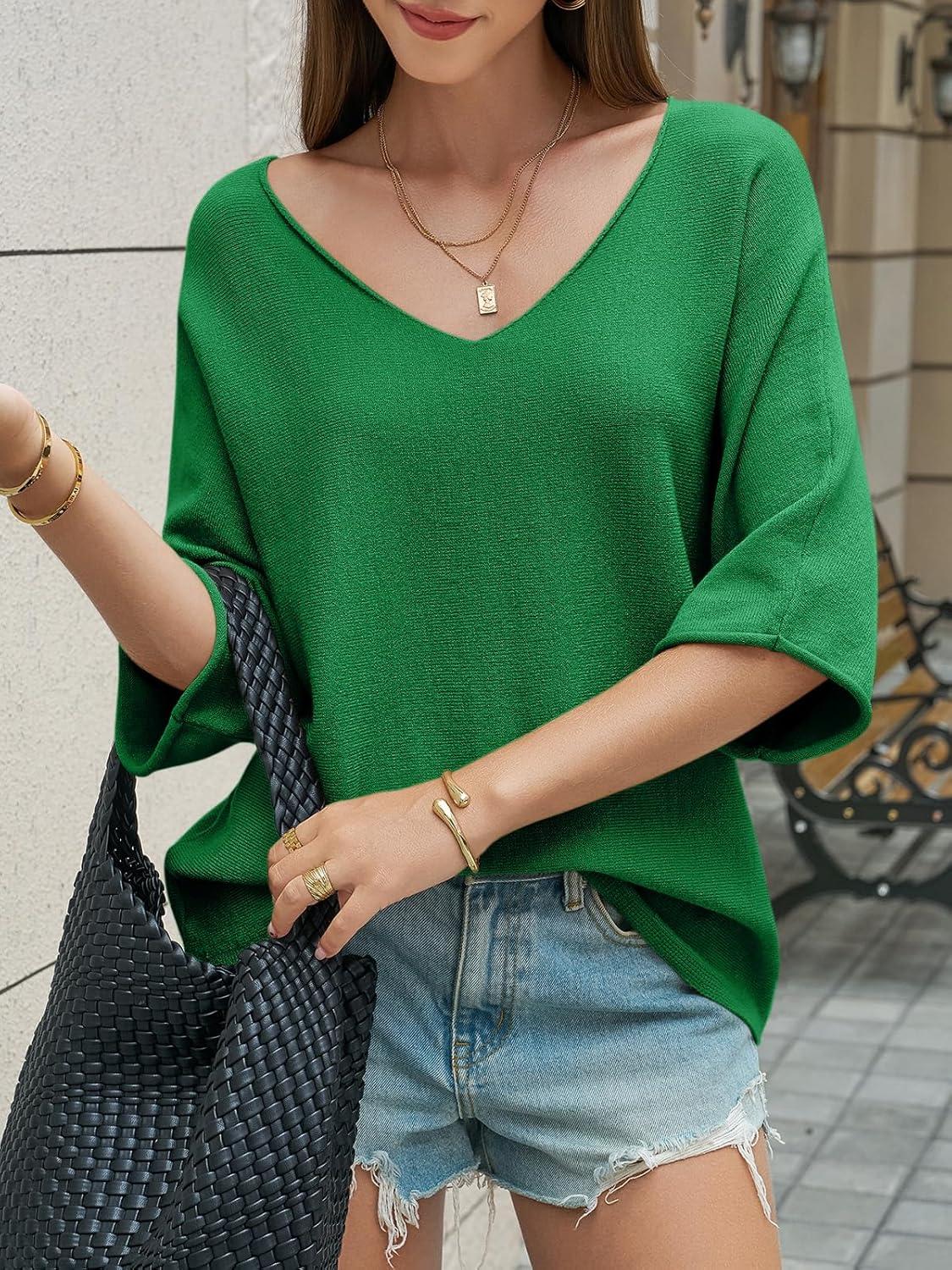 image:imageSaodimallsu Womens Oversized Summer Sweater Half Sleeve Batwing V Neck Dolman Sleeve Trendy Casual Knit TopsGreen