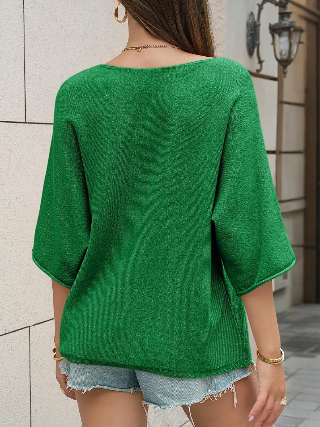 image:imageSaodimallsu Womens Oversized Summer Sweater Half Sleeve Batwing V Neck Dolman Sleeve Trendy Casual Knit TopsGreen