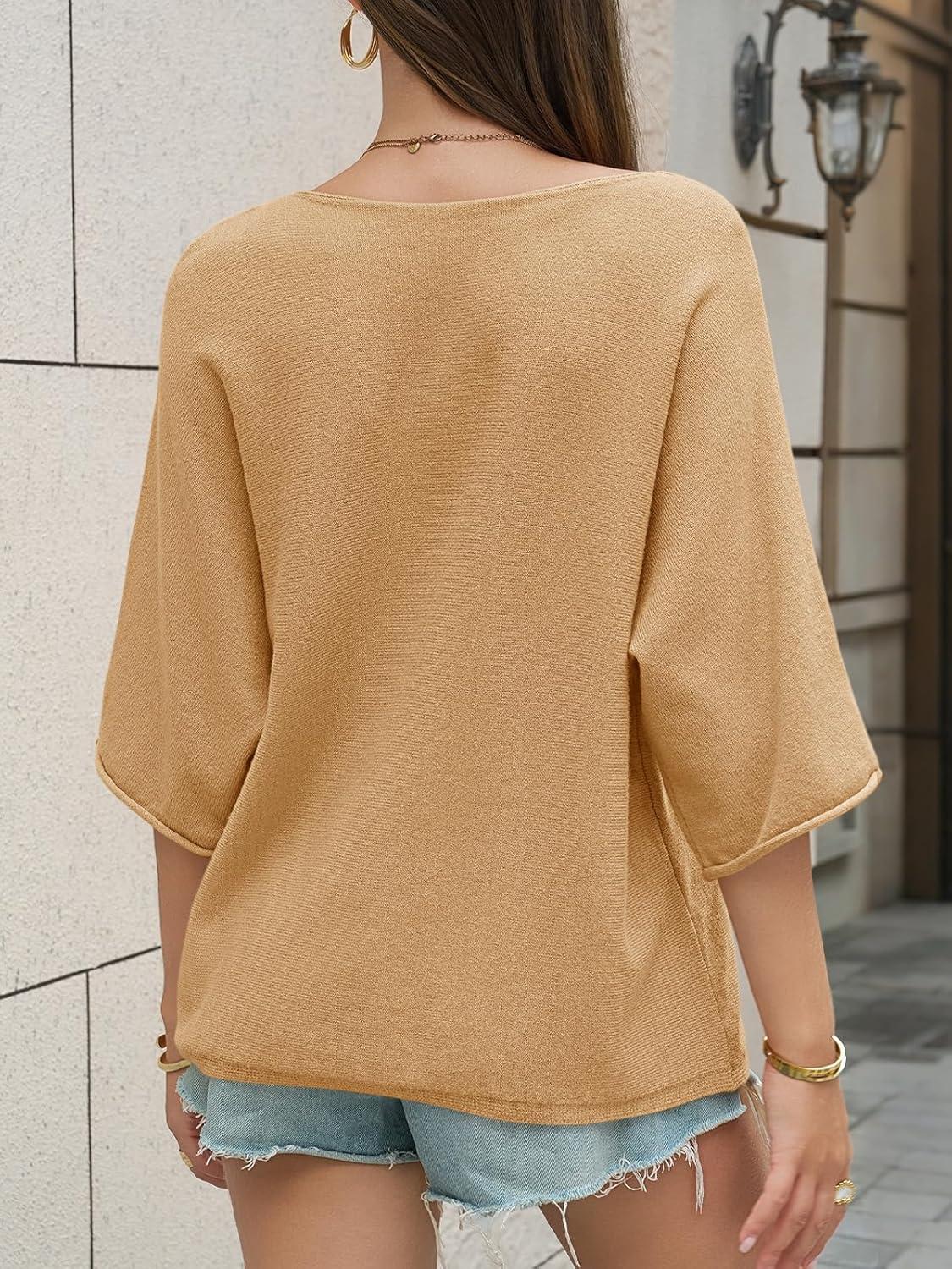 image:imageSaodimallsu Womens Oversized Summer Sweater Half Sleeve Batwing V Neck Dolman Sleeve Trendy Casual Knit TopsKhaki
