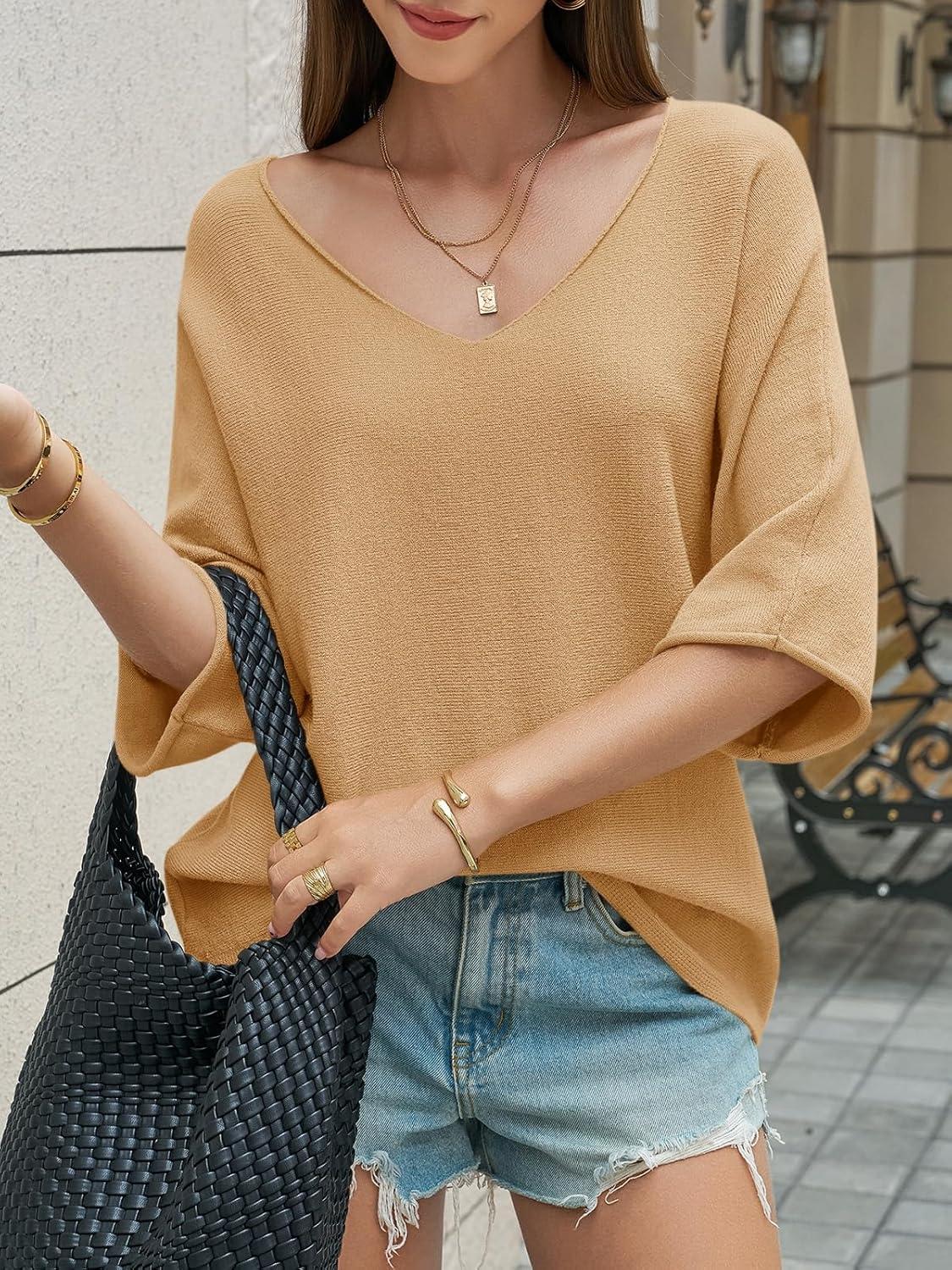 image:imageSaodimallsu Womens Oversized Summer Sweater Half Sleeve Batwing V Neck Dolman Sleeve Trendy Casual Knit TopsKhaki