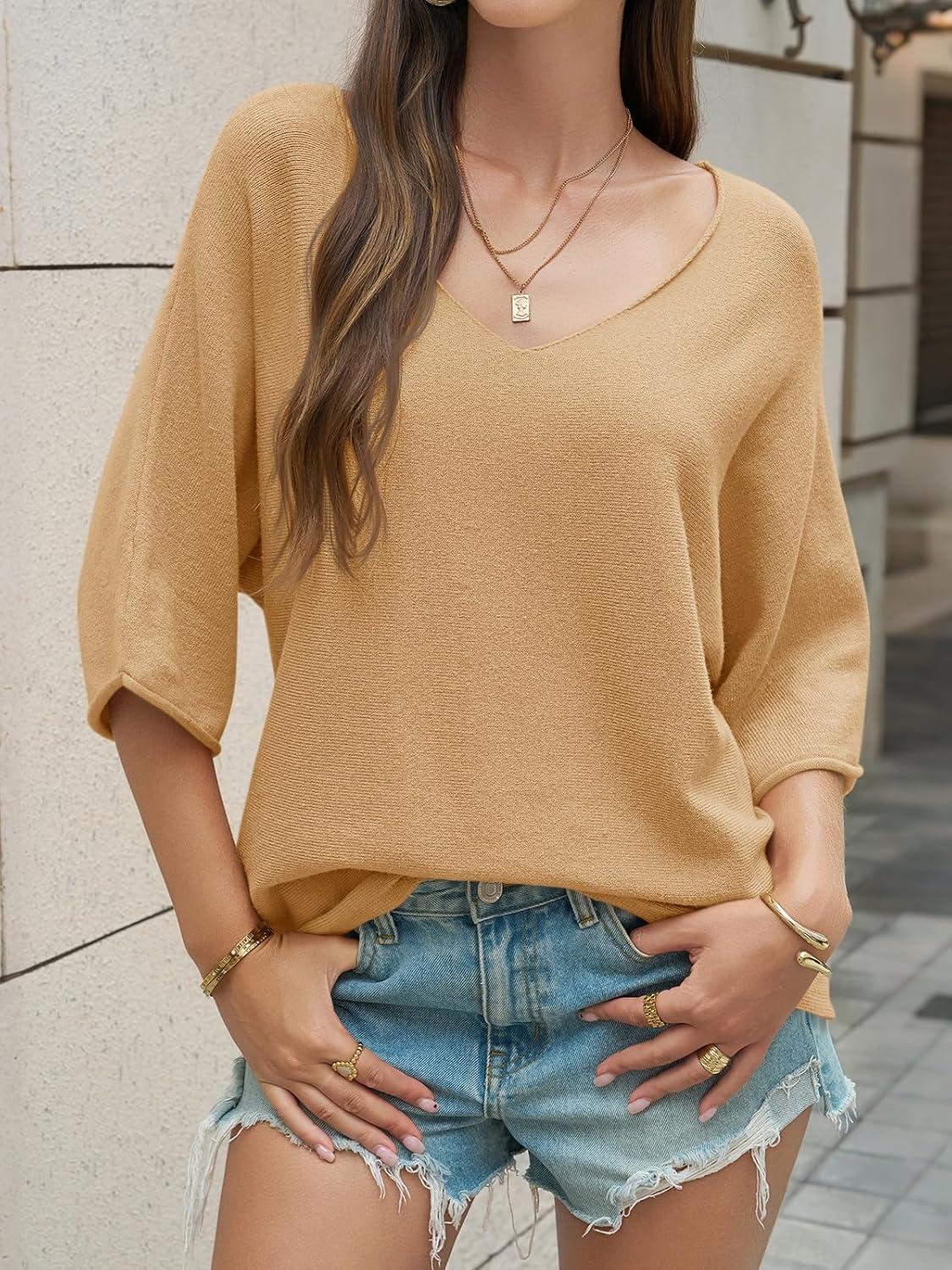 image:imageSaodimallsu Womens Oversized Summer Sweater Half Sleeve Batwing V Neck Dolman Sleeve Trendy Casual Knit TopsKhaki