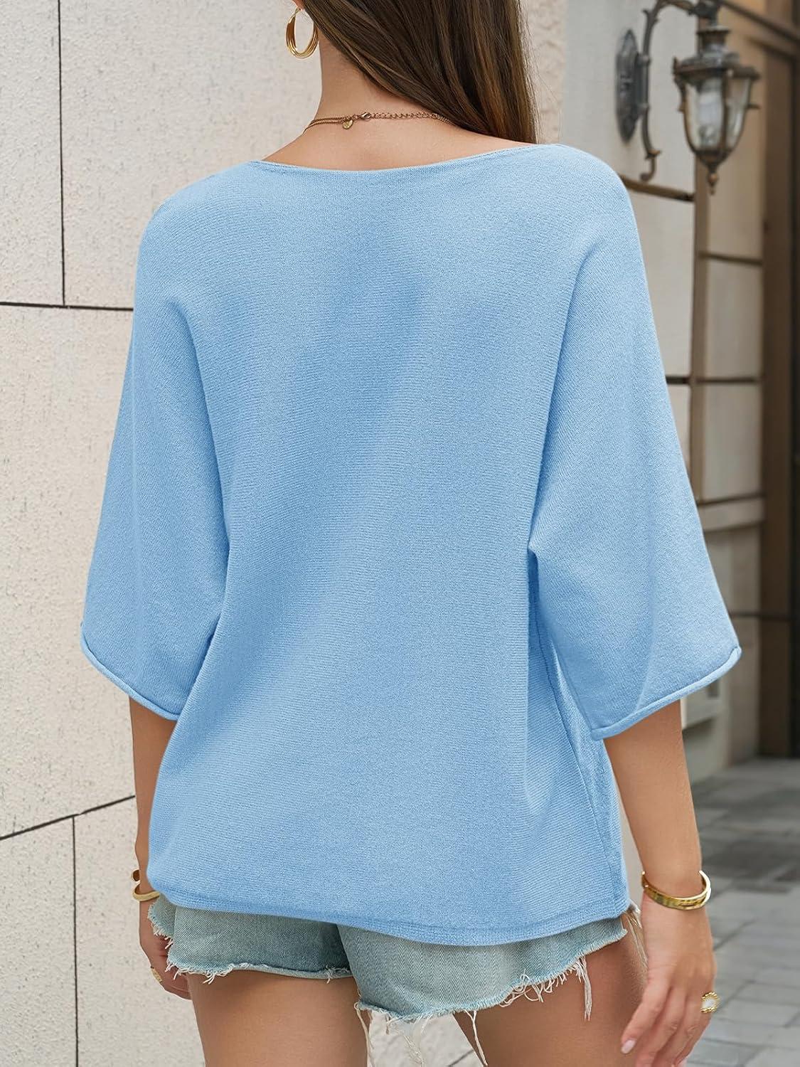 image:imageSaodimallsu Womens Oversized Summer Sweater Half Sleeve Batwing V Neck Dolman Sleeve Trendy Casual Knit TopsSky Blue