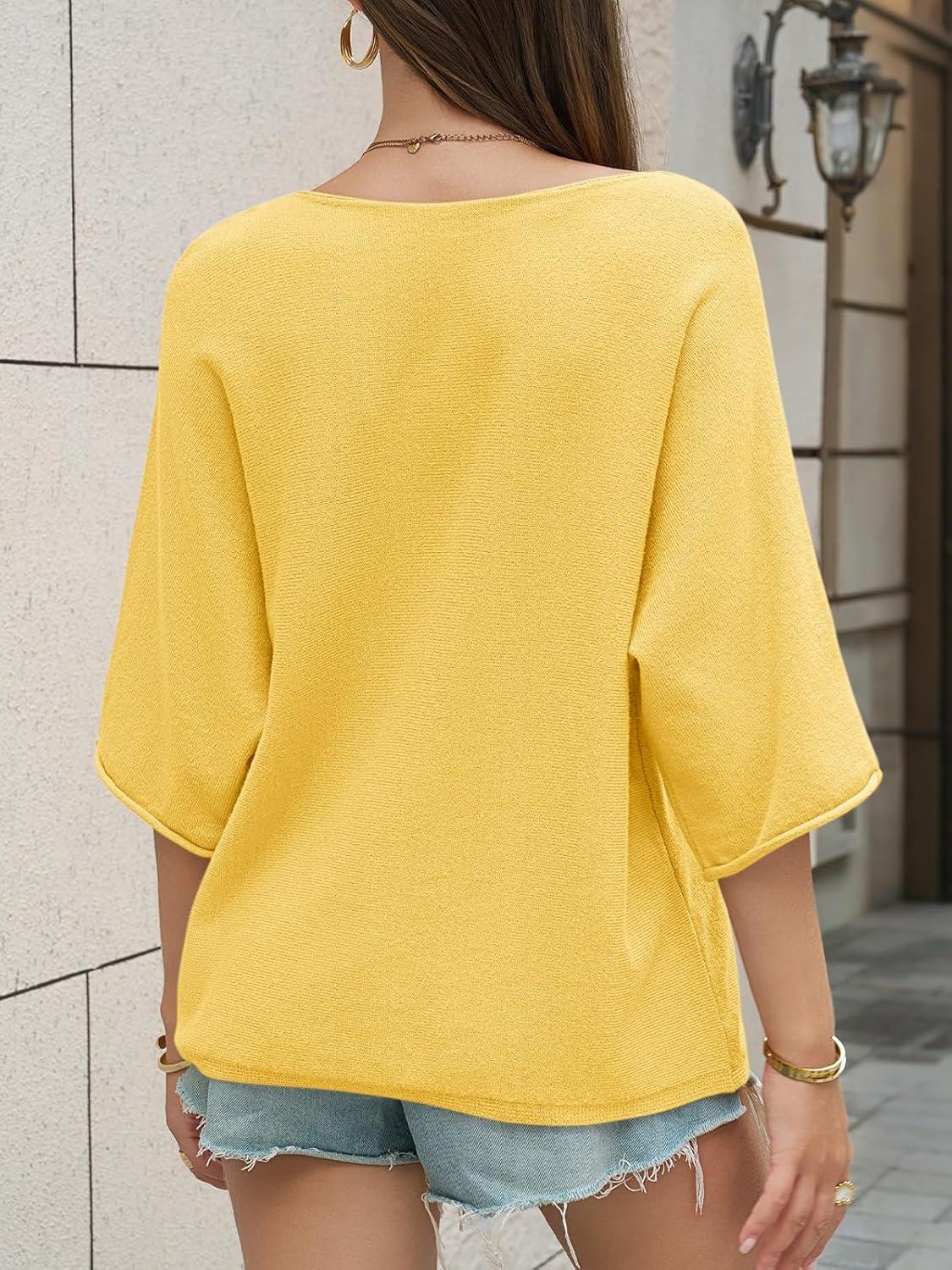 image:imageSaodimallsu Womens Oversized Summer Sweater Half Sleeve Batwing V Neck Dolman Sleeve Trendy Casual Knit TopsYellow