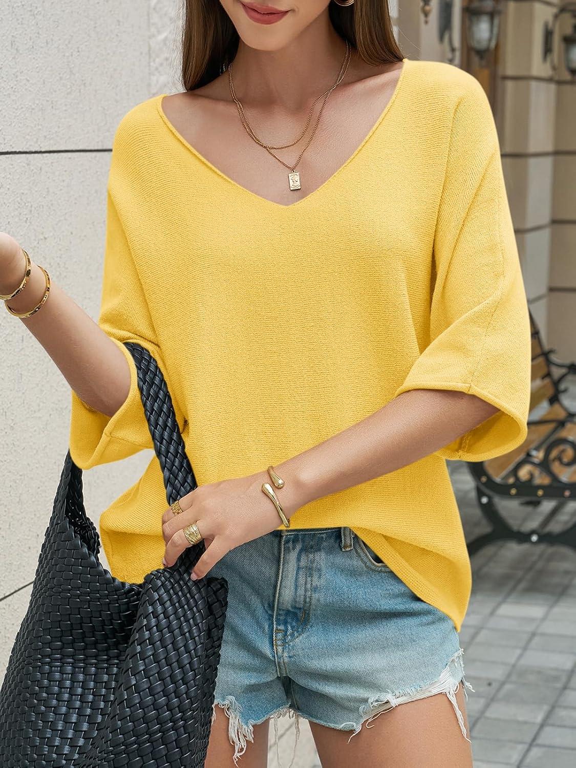image:imageSaodimallsu Womens Oversized Summer Sweater Half Sleeve Batwing V Neck Dolman Sleeve Trendy Casual Knit TopsYellow