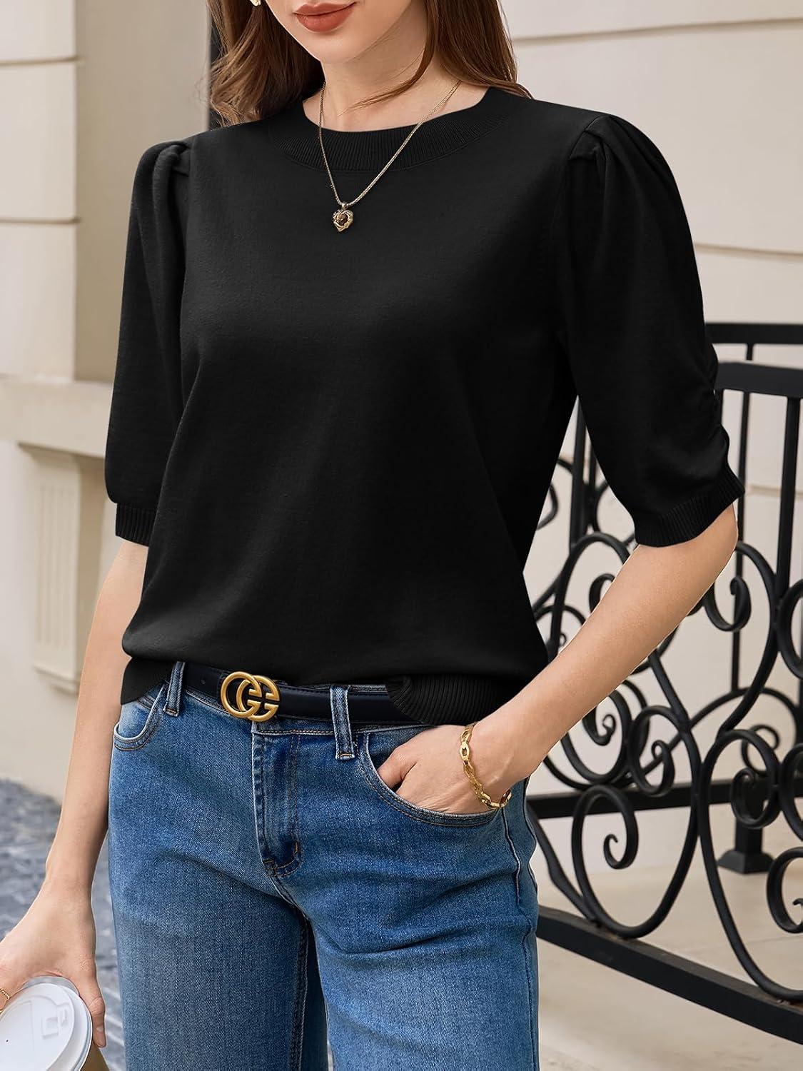 image:imageSaodimallsu Womens Puff Sleeve Sweater Tops Ruffle Crew Neck Dressy Casual Loose Knit Pullover Shirts BlousesBlack