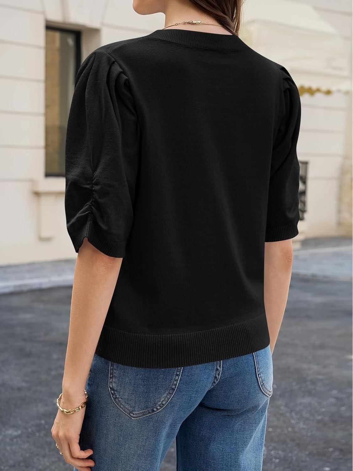 image:imageSaodimallsu Womens Puff Sleeve Sweater Tops Ruffle Crew Neck Dressy Casual Loose Knit Pullover Shirts BlousesBlack