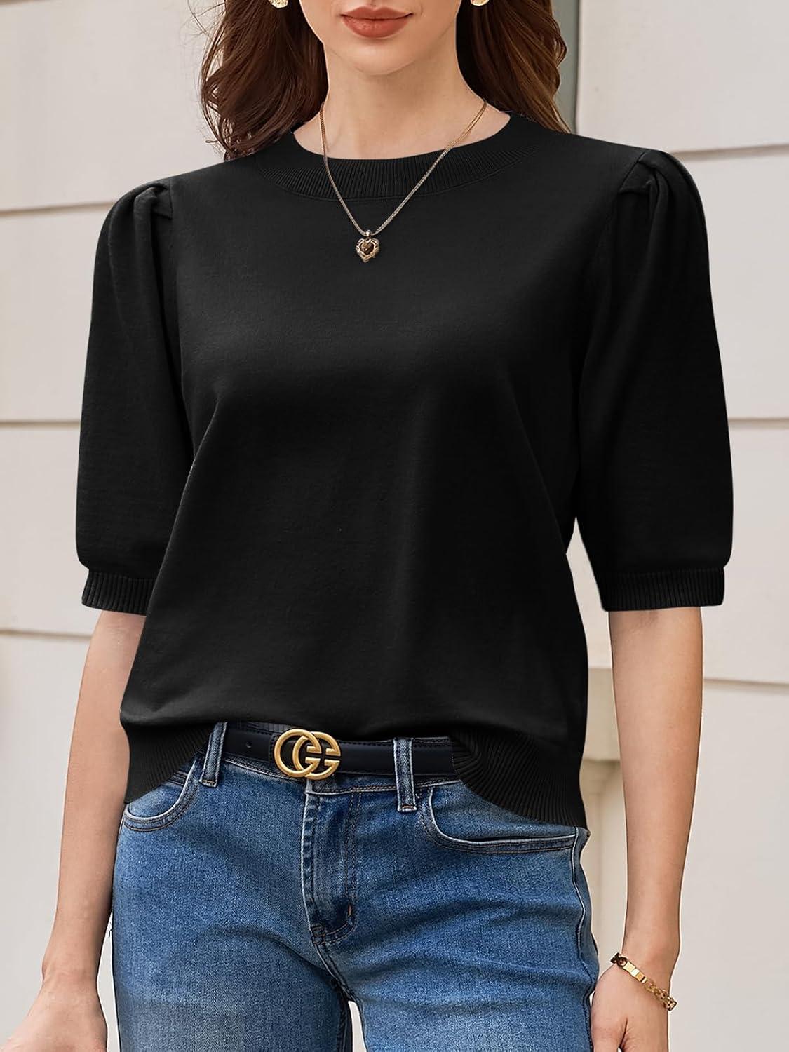 image:imageSaodimallsu Womens Puff Sleeve Sweater Tops Ruffle Crew Neck Dressy Casual Loose Knit Pullover Shirts BlousesBlack