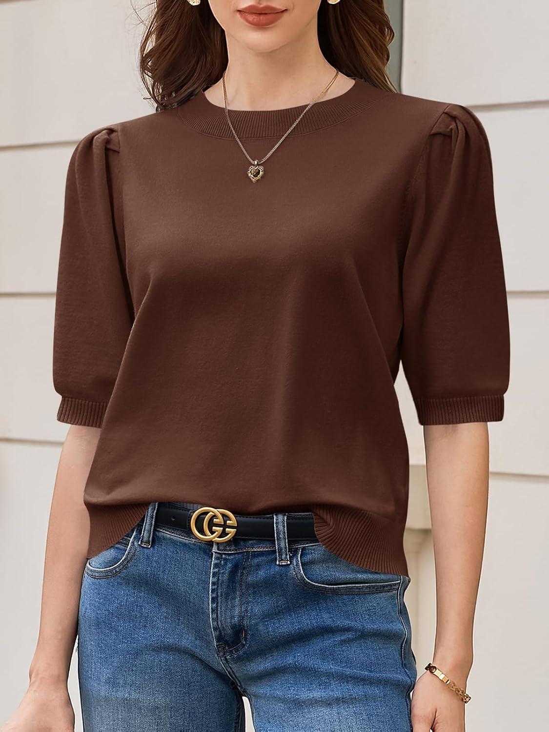 image:imageSaodimallsu Womens Puff Sleeve Sweater Tops Ruffle Crew Neck Dressy Casual Loose Knit Pullover Shirts BlousesCoffee
