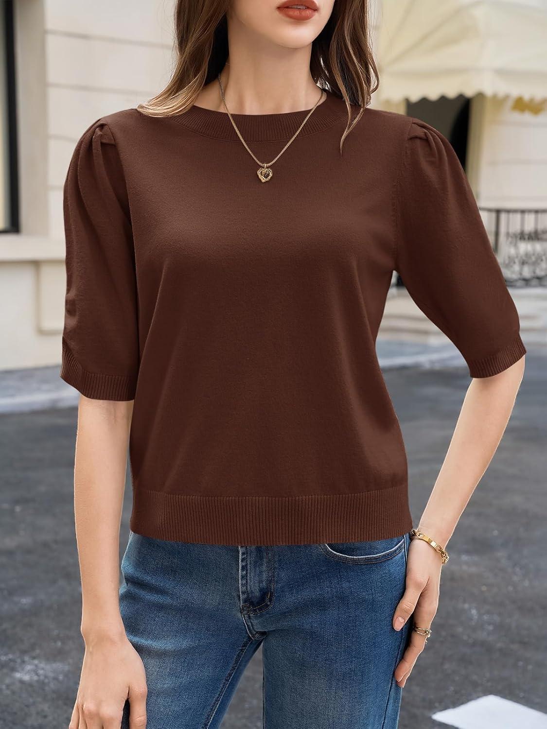 image:imageSaodimallsu Womens Puff Sleeve Sweater Tops Ruffle Crew Neck Dressy Casual Loose Knit Pullover Shirts BlousesCoffee