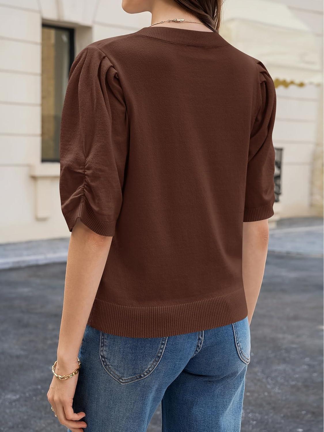 image:imageSaodimallsu Womens Puff Sleeve Sweater Tops Ruffle Crew Neck Dressy Casual Loose Knit Pullover Shirts BlousesCoffee