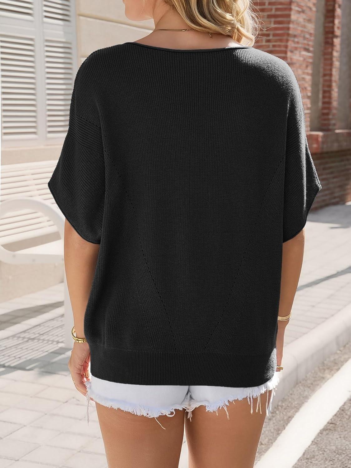 image:imageSaodimallsu Womens Short Batwing Sleeve Sweater Tops Crochet Knit Crew Neck Loose Casual Summer Pullover TShirtsBlack
