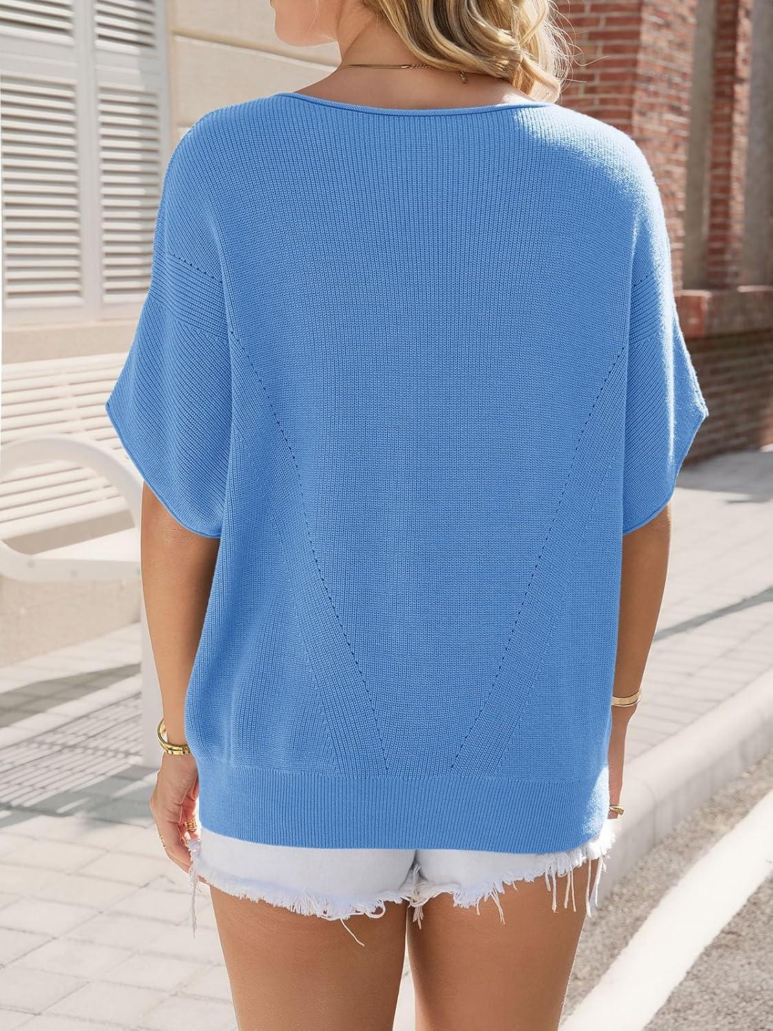 image:imageSaodimallsu Womens Short Batwing Sleeve Sweater Tops Crochet Knit Crew Neck Loose Casual Summer Pullover TShirtsBlue