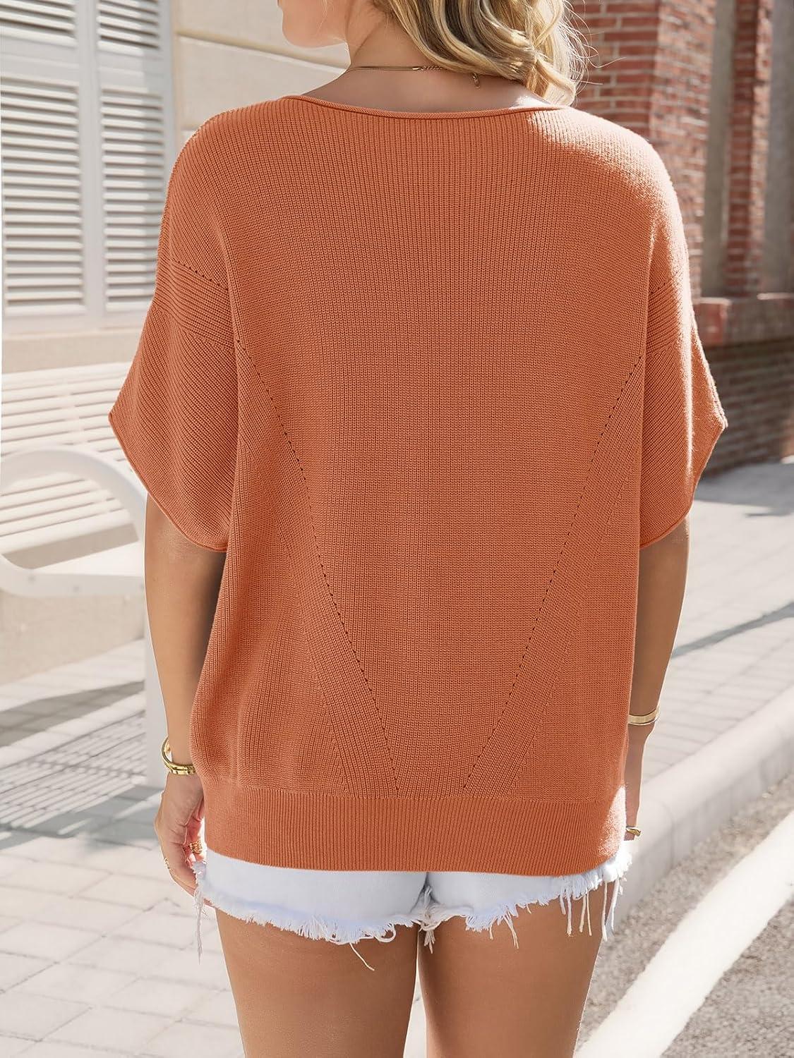 image:imageSaodimallsu Womens Short Batwing Sleeve Sweater Tops Crochet Knit Crew Neck Loose Casual Summer Pullover TShirtsBrick Red