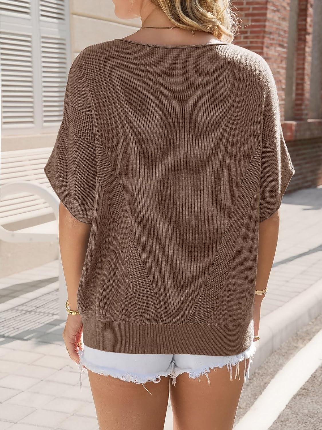 image:imageSaodimallsu Womens Short Batwing Sleeve Sweater Tops Crochet Knit Crew Neck Loose Casual Summer Pullover TShirtsCoffee