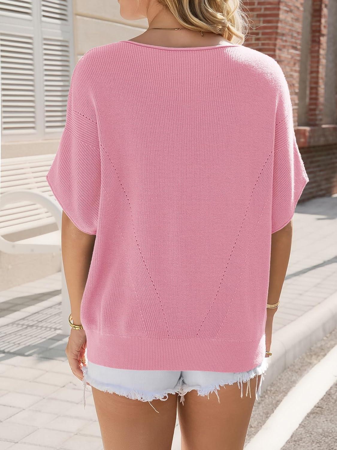 image:imageSaodimallsu Womens Short Batwing Sleeve Sweater Tops Crochet Knit Crew Neck Loose Casual Summer Pullover TShirtsPink