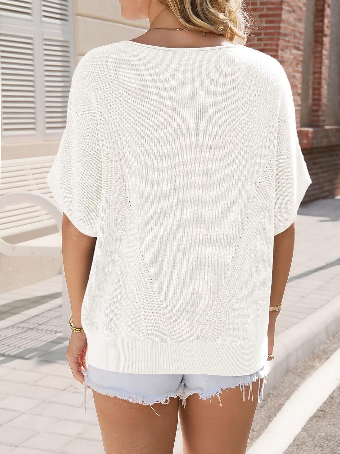 image:imageSaodimallsu Womens Short Batwing Sleeve Sweater Tops Crochet Knit Crew Neck Loose Casual Summer Pullover TShirtsWhite