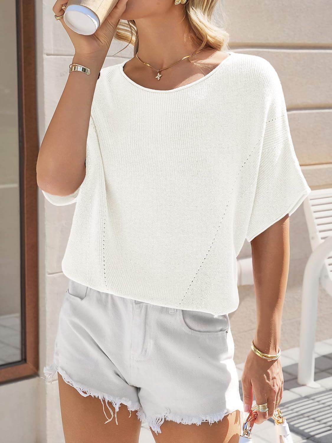 image:imageSaodimallsu Womens Short Batwing Sleeve Sweater Tops Crochet Knit Crew Neck Loose Casual Summer Pullover TShirtsWhite