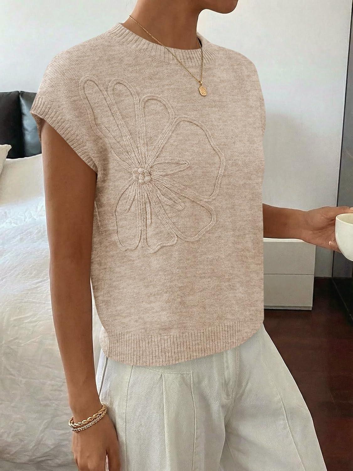 image:imageSaodimallsu Womens Short Sleeve Sweater Trendy Floral Pullover Sweaters Summer Casual Crewneck Lightweight Knit TopsApricot