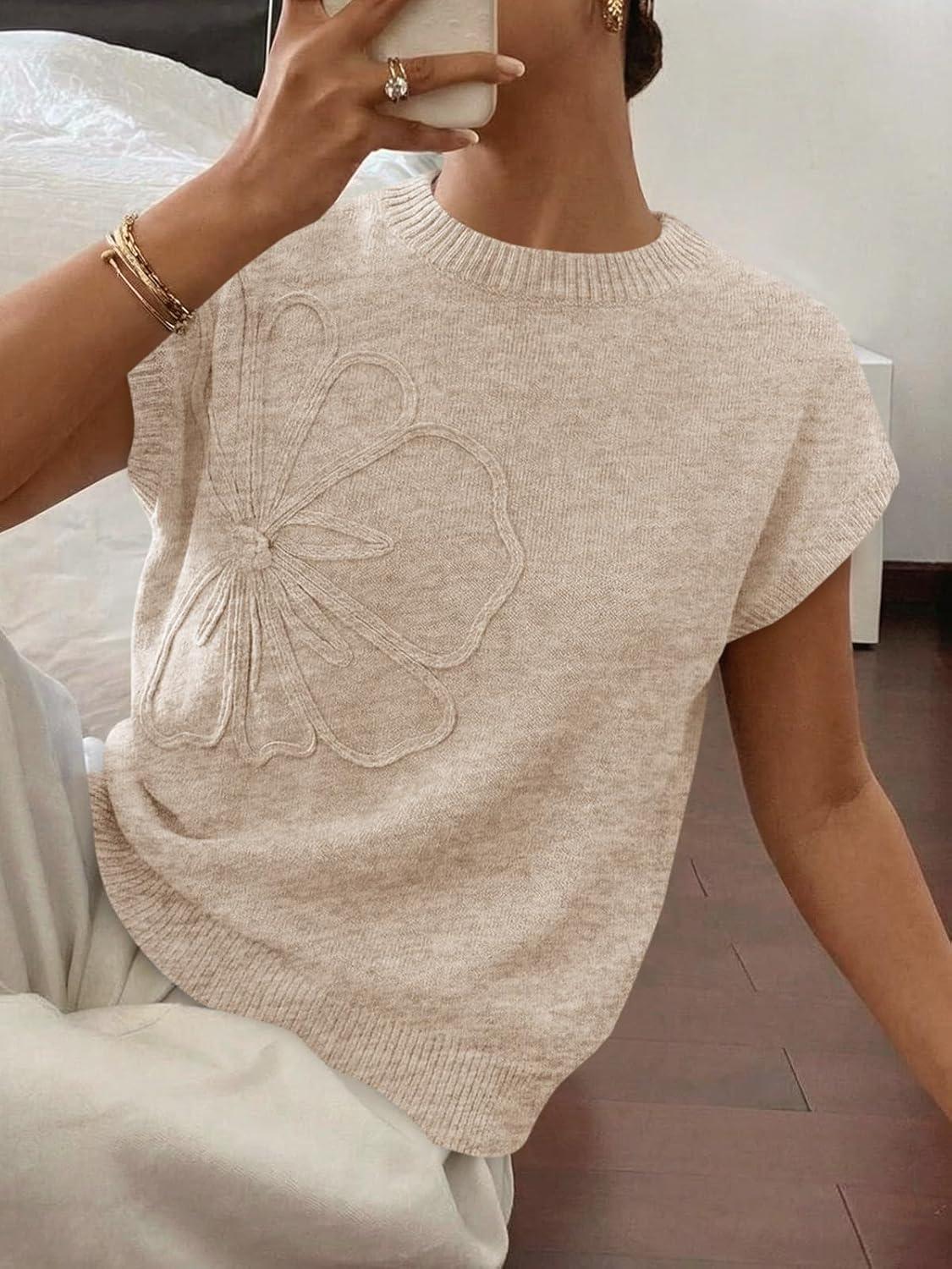 image:imageSaodimallsu Womens Short Sleeve Sweater Trendy Floral Pullover Sweaters Summer Casual Crewneck Lightweight Knit TopsApricot