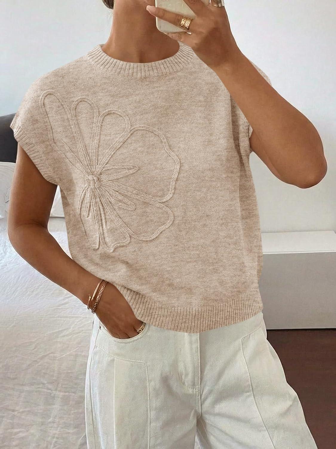 image:imageSaodimallsu Womens Short Sleeve Sweater Trendy Floral Pullover Sweaters Summer Casual Crewneck Lightweight Knit TopsApricot