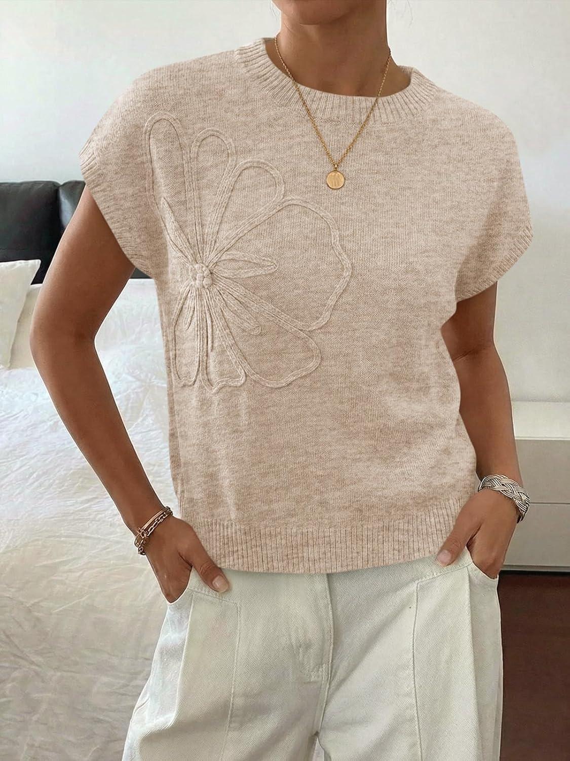 image:imageSaodimallsu Womens Short Sleeve Sweater Trendy Floral Pullover Sweaters Summer Casual Crewneck Lightweight Knit TopsApricot