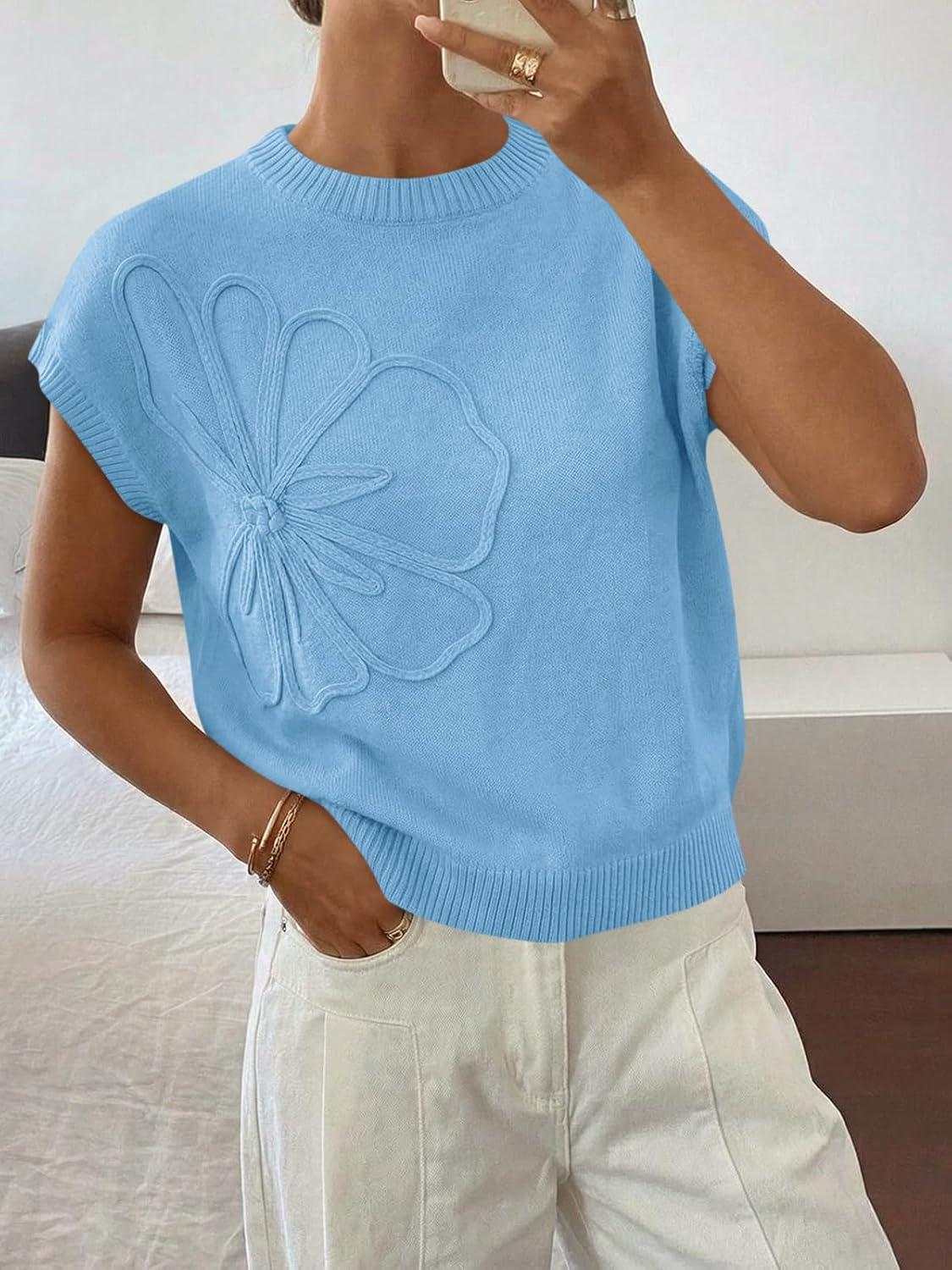 image:imageSaodimallsu Womens Short Sleeve Sweater Trendy Floral Pullover Sweaters Summer Casual Crewneck Lightweight Knit TopsBlue