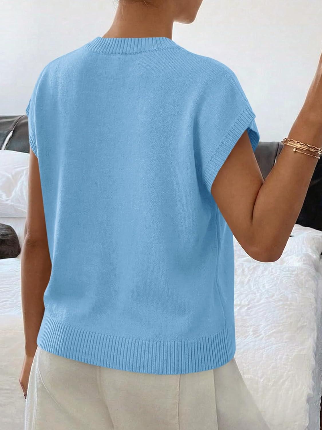 image:imageSaodimallsu Womens Short Sleeve Sweater Trendy Floral Pullover Sweaters Summer Casual Crewneck Lightweight Knit TopsBlue