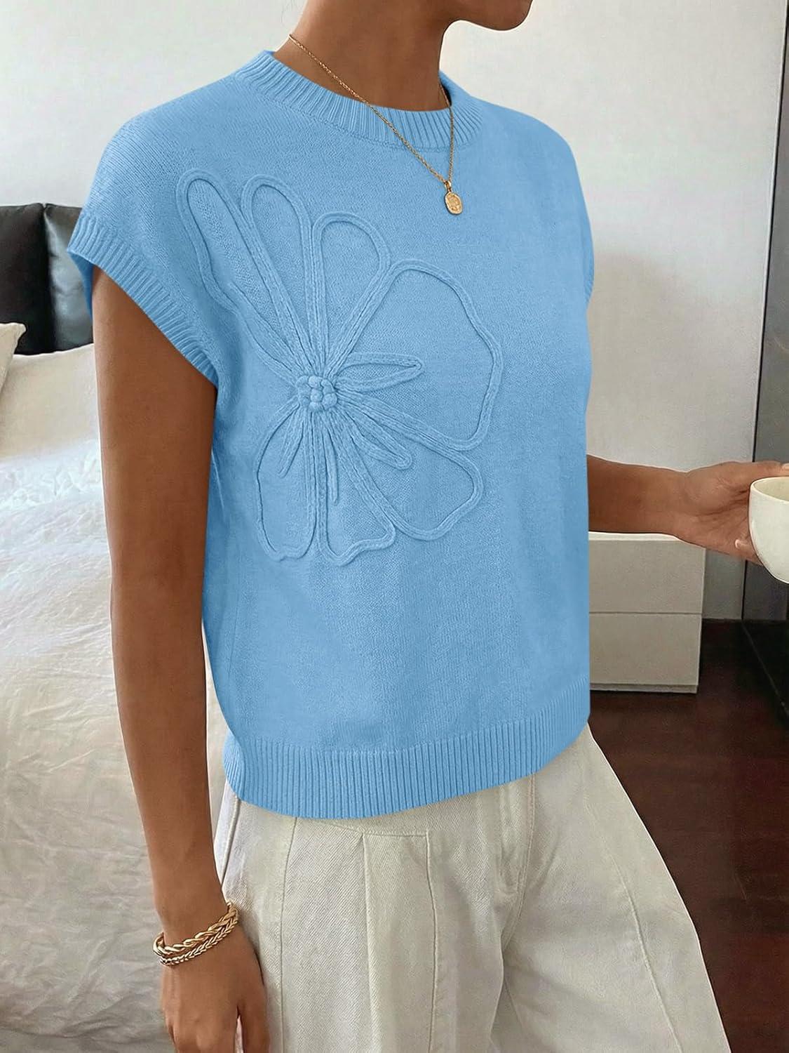 image:imageSaodimallsu Womens Short Sleeve Sweater Trendy Floral Pullover Sweaters Summer Casual Crewneck Lightweight Knit TopsBlue