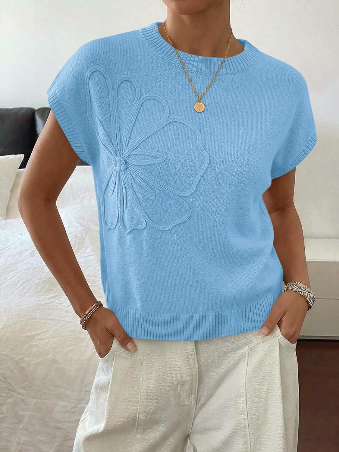 image:imageSaodimallsu Womens Short Sleeve Sweater Trendy Floral Pullover Sweaters Summer Casual Crewneck Lightweight Knit TopsBlue