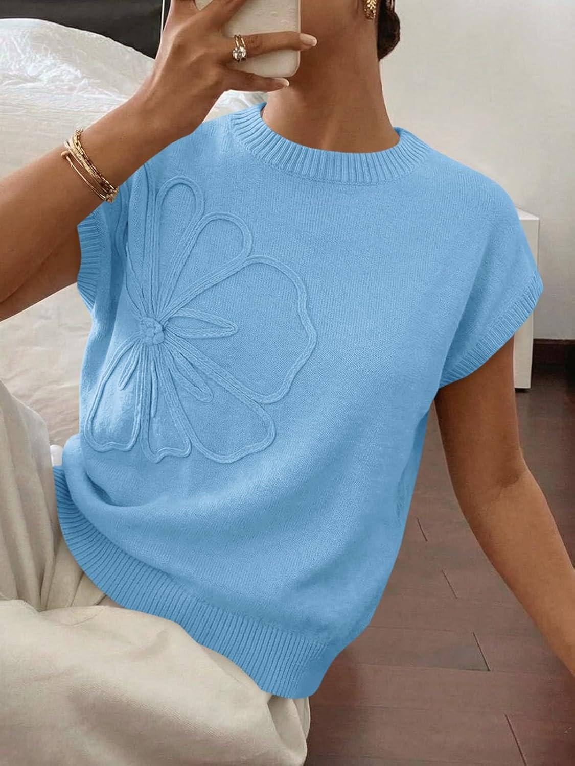 image:imageSaodimallsu Womens Short Sleeve Sweater Trendy Floral Pullover Sweaters Summer Casual Crewneck Lightweight Knit TopsBlue
