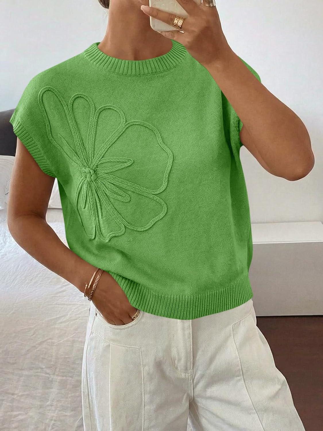 image:imageSaodimallsu Womens Short Sleeve Sweater Trendy Floral Pullover Sweaters Summer Casual Crewneck Lightweight Knit TopsGreen