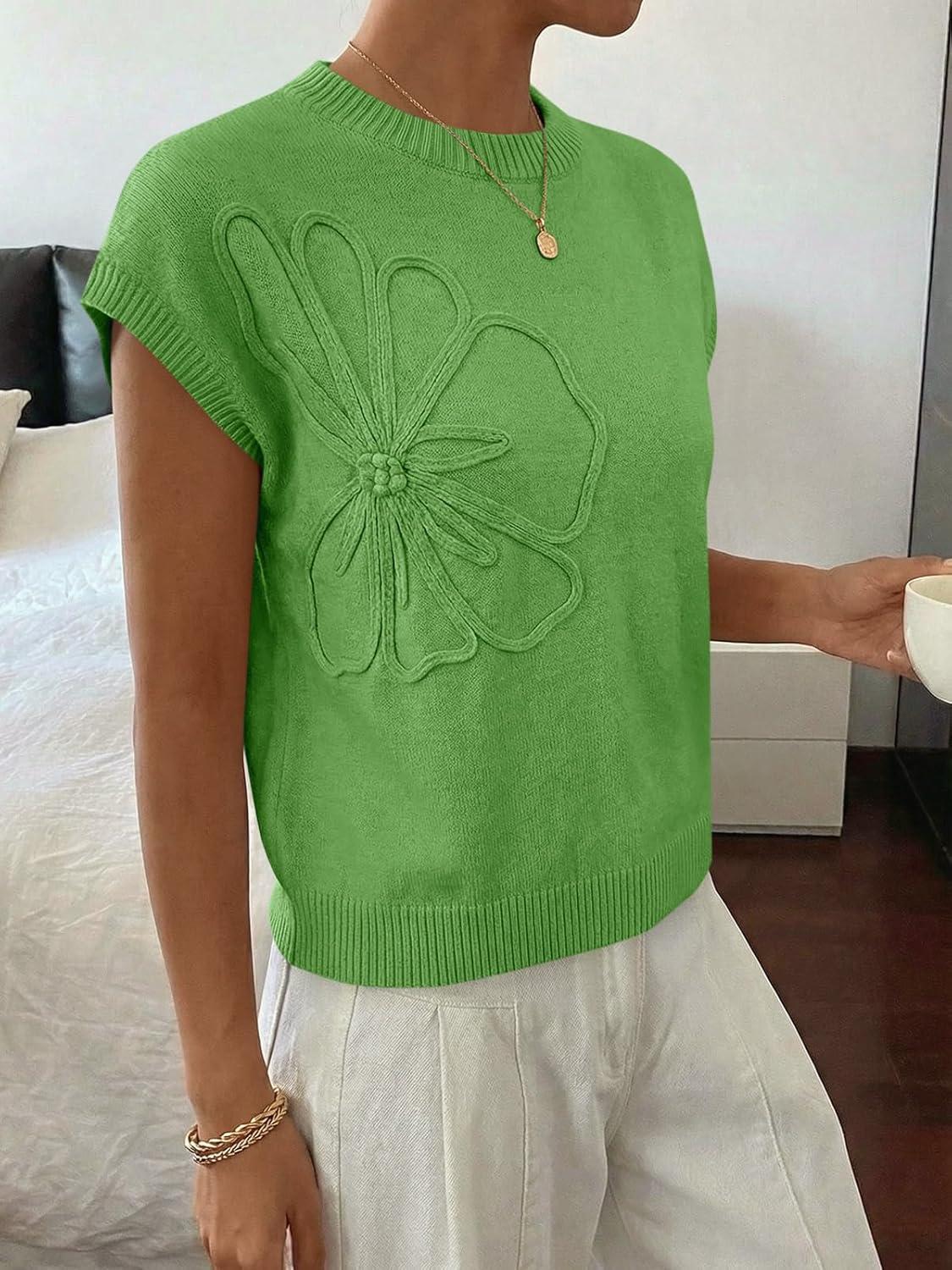image:imageSaodimallsu Womens Short Sleeve Sweater Trendy Floral Pullover Sweaters Summer Casual Crewneck Lightweight Knit TopsGreen