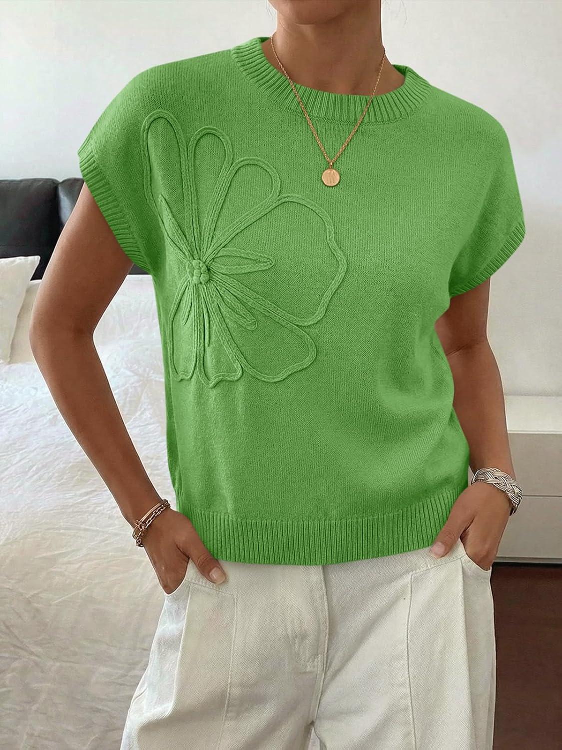 image:imageSaodimallsu Womens Short Sleeve Sweater Trendy Floral Pullover Sweaters Summer Casual Crewneck Lightweight Knit TopsGreen