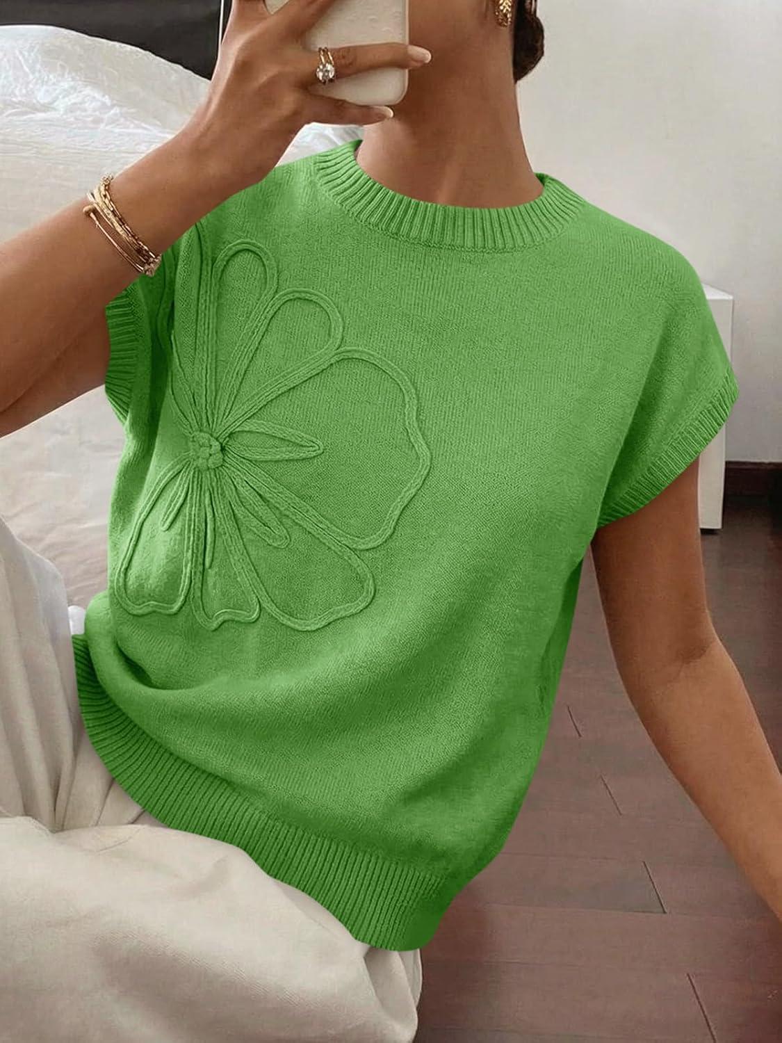 image:imageSaodimallsu Womens Short Sleeve Sweater Trendy Floral Pullover Sweaters Summer Casual Crewneck Lightweight Knit TopsGreen