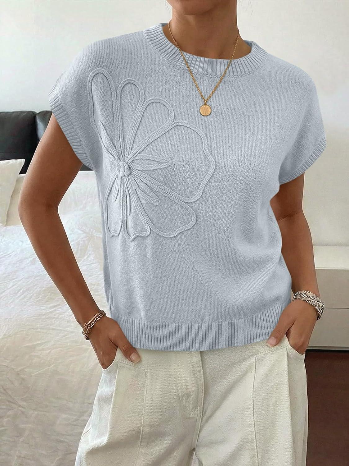 image:imageSaodimallsu Womens Short Sleeve Sweater Trendy Floral Pullover Sweaters Summer Casual Crewneck Lightweight Knit TopsGrey