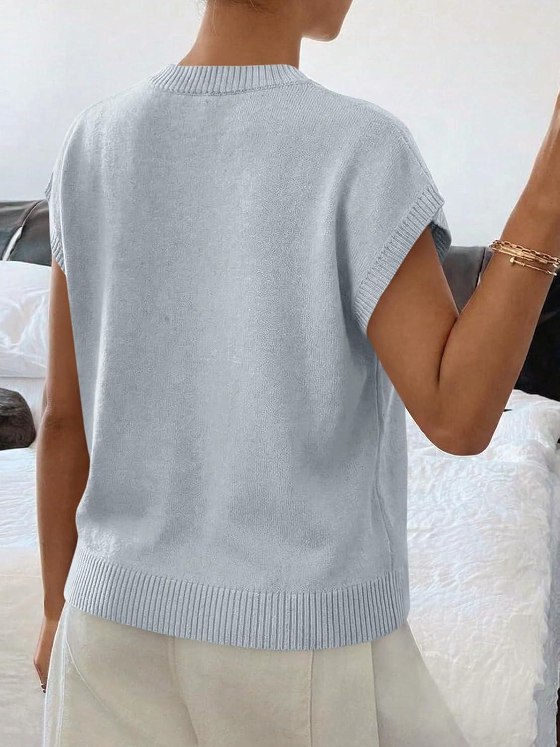 image:imageSaodimallsu Womens Short Sleeve Sweater Trendy Floral Pullover Sweaters Summer Casual Crewneck Lightweight Knit TopsGrey