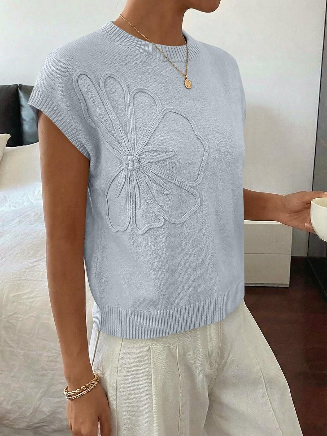 image:imageSaodimallsu Womens Short Sleeve Sweater Trendy Floral Pullover Sweaters Summer Casual Crewneck Lightweight Knit TopsGrey