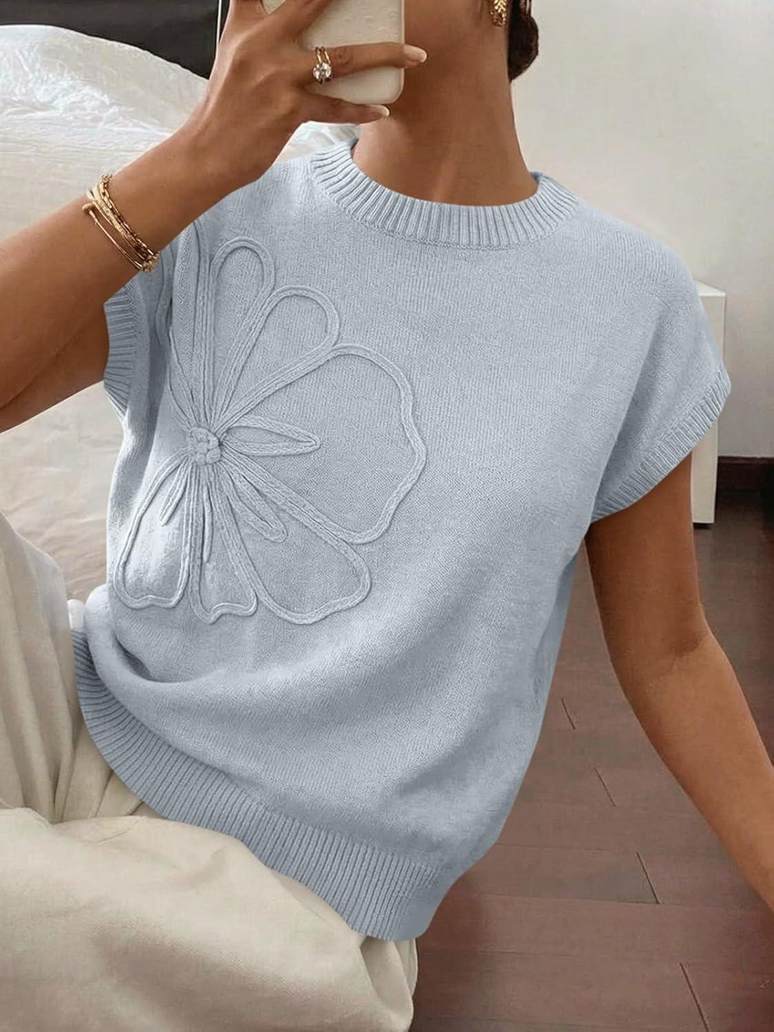 image:imageSaodimallsu Womens Short Sleeve Sweater Trendy Floral Pullover Sweaters Summer Casual Crewneck Lightweight Knit TopsGrey