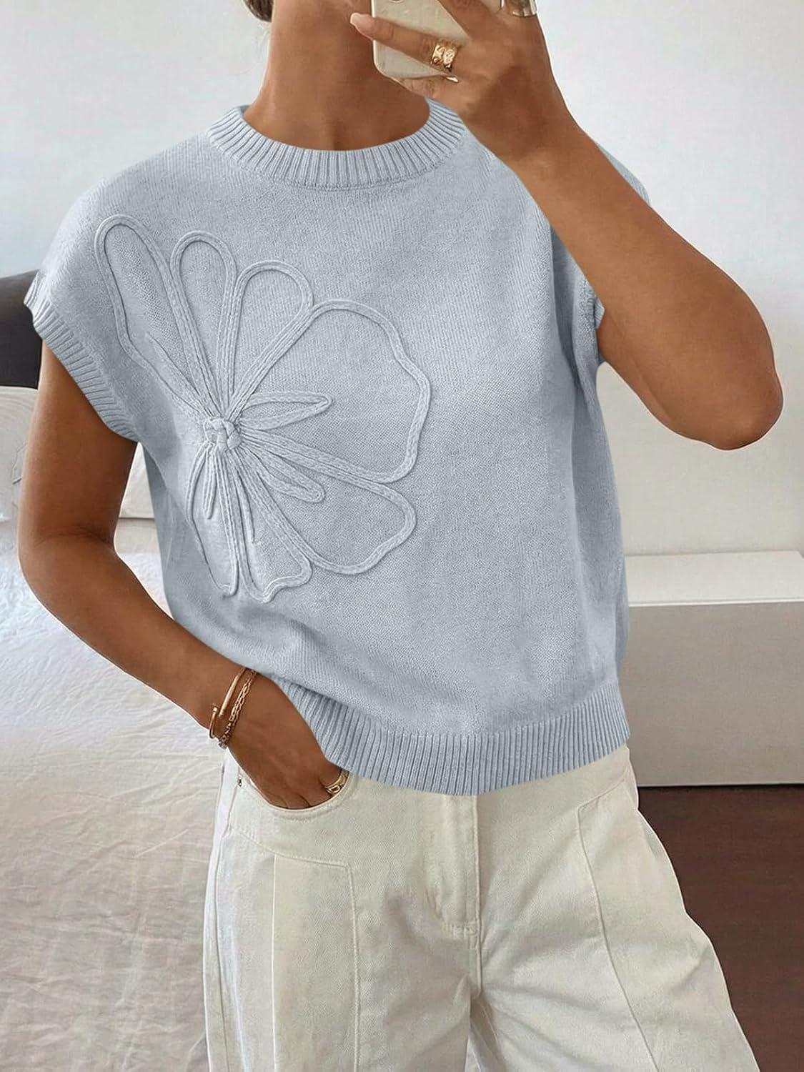image:imageSaodimallsu Womens Short Sleeve Sweater Trendy Floral Pullover Sweaters Summer Casual Crewneck Lightweight Knit TopsGrey