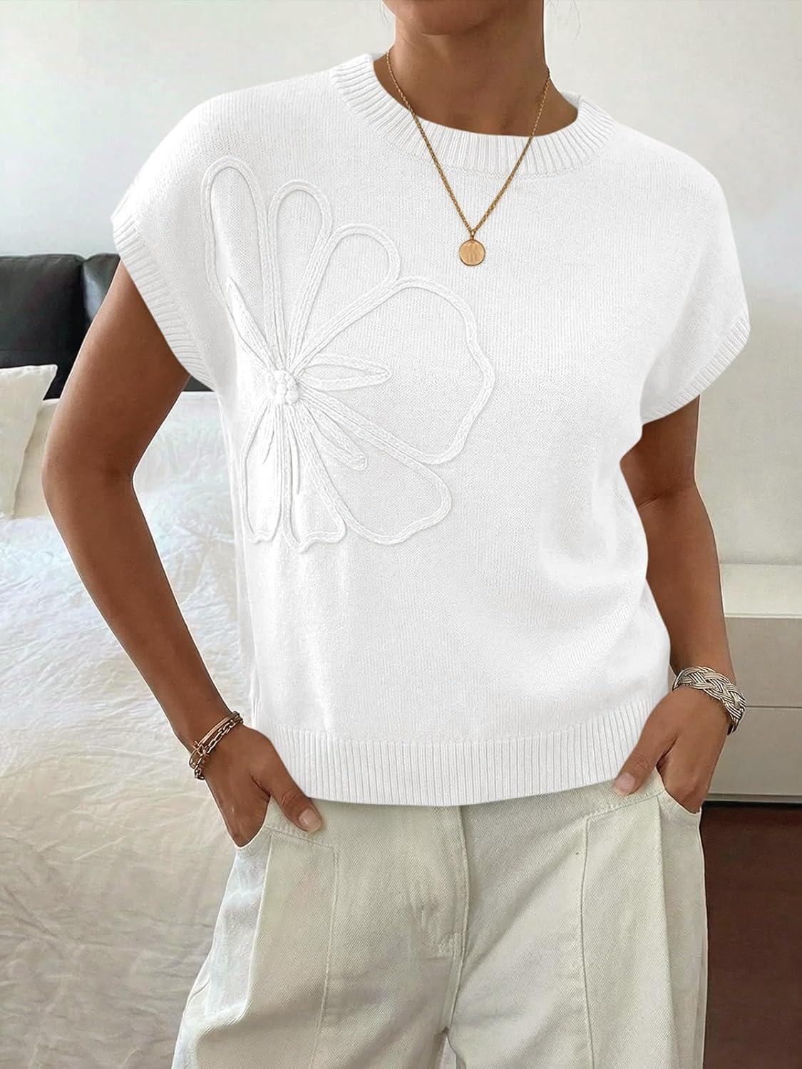 image:imageSaodimallsu Womens Short Sleeve Sweater Trendy Floral Pullover Sweaters Summer Casual Crewneck Lightweight Knit TopsWhite