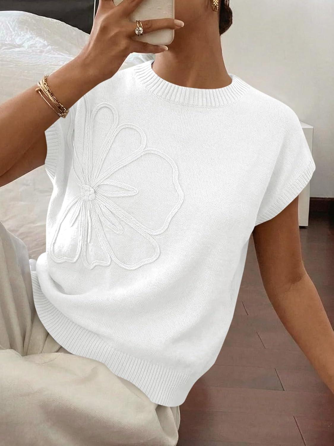 image:imageSaodimallsu Womens Short Sleeve Sweater Trendy Floral Pullover Sweaters Summer Casual Crewneck Lightweight Knit TopsWhite