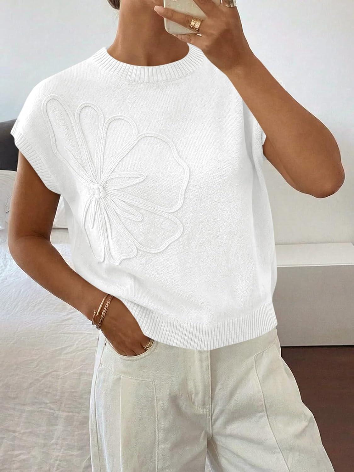image:imageSaodimallsu Womens Short Sleeve Sweater Trendy Floral Pullover Sweaters Summer Casual Crewneck Lightweight Knit TopsWhite