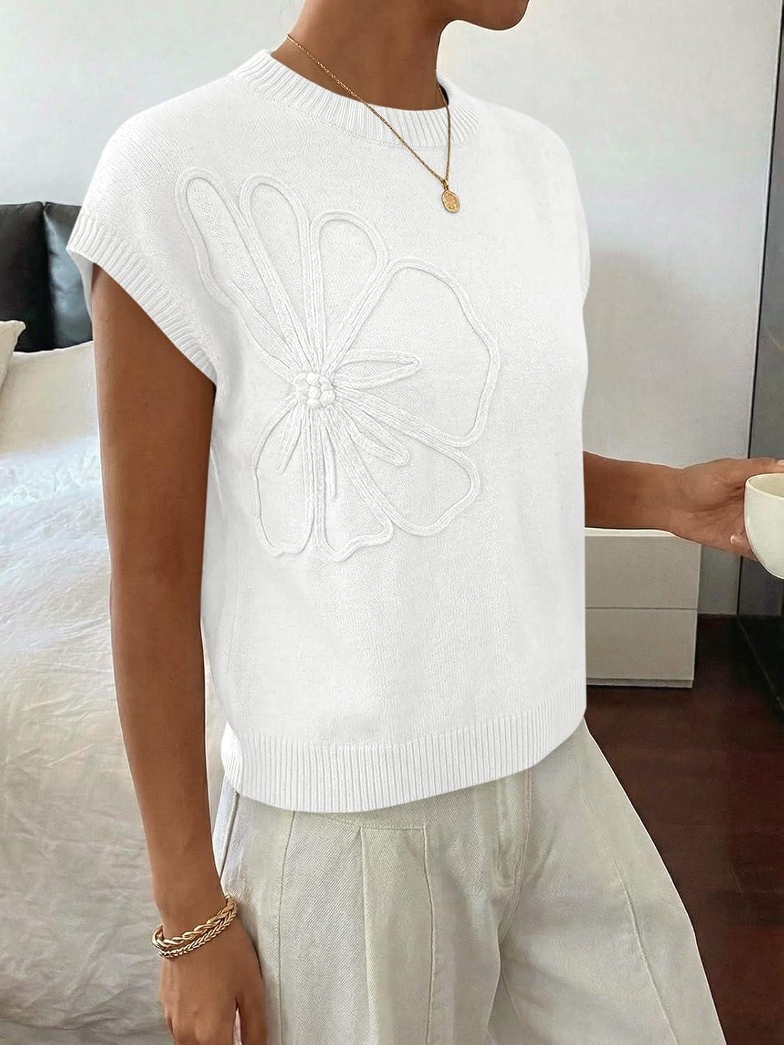 image:imageSaodimallsu Womens Short Sleeve Sweater Trendy Floral Pullover Sweaters Summer Casual Crewneck Lightweight Knit TopsWhite