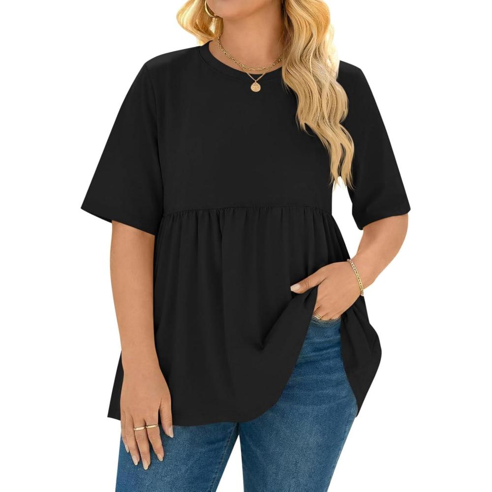 image:imageBeautife Womens Plus Size Summer Babydoll Tops Short Sleeve Crew Neck T Shirts Peplum Casual Loose Fit BlouseBlack