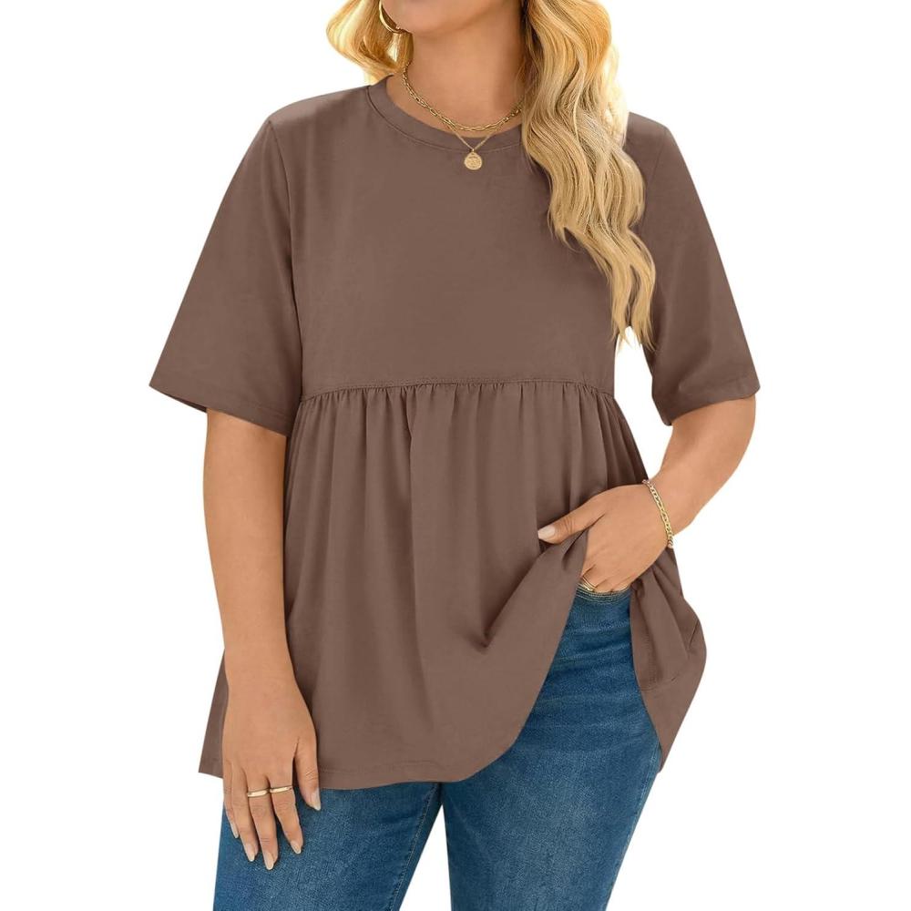 image:imageBeautife Womens Plus Size Summer Babydoll Tops Short Sleeve Crew Neck T Shirts Peplum Casual Loose Fit BlouseBrown