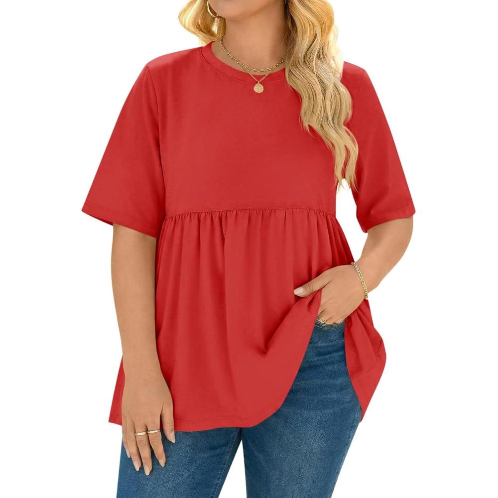 image:imageBeautife Womens Plus Size Summer Babydoll Tops Short Sleeve Crew Neck T Shirts Peplum Casual Loose Fit BlouseRed
